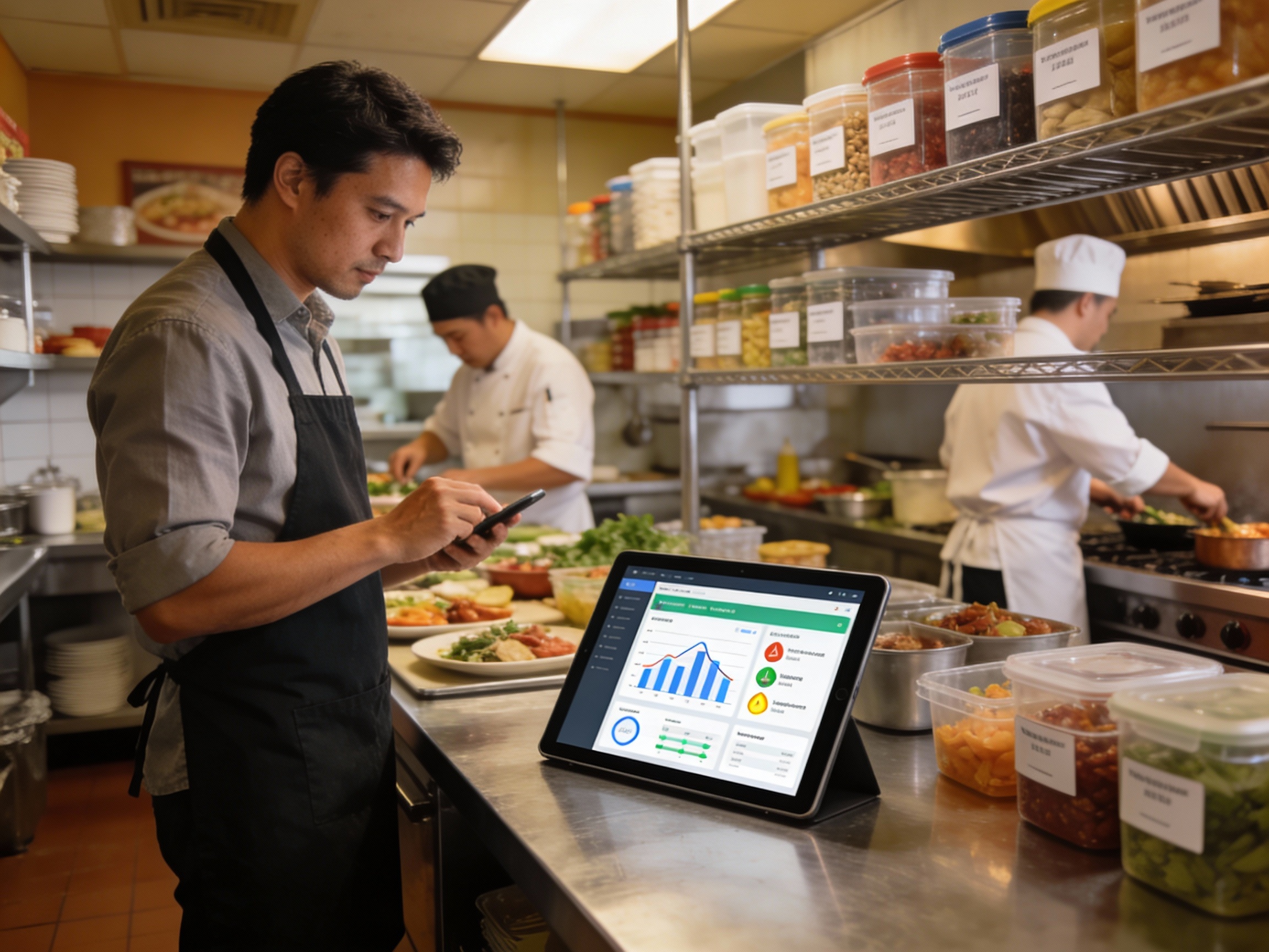 Restaurant owner using inventory management automation